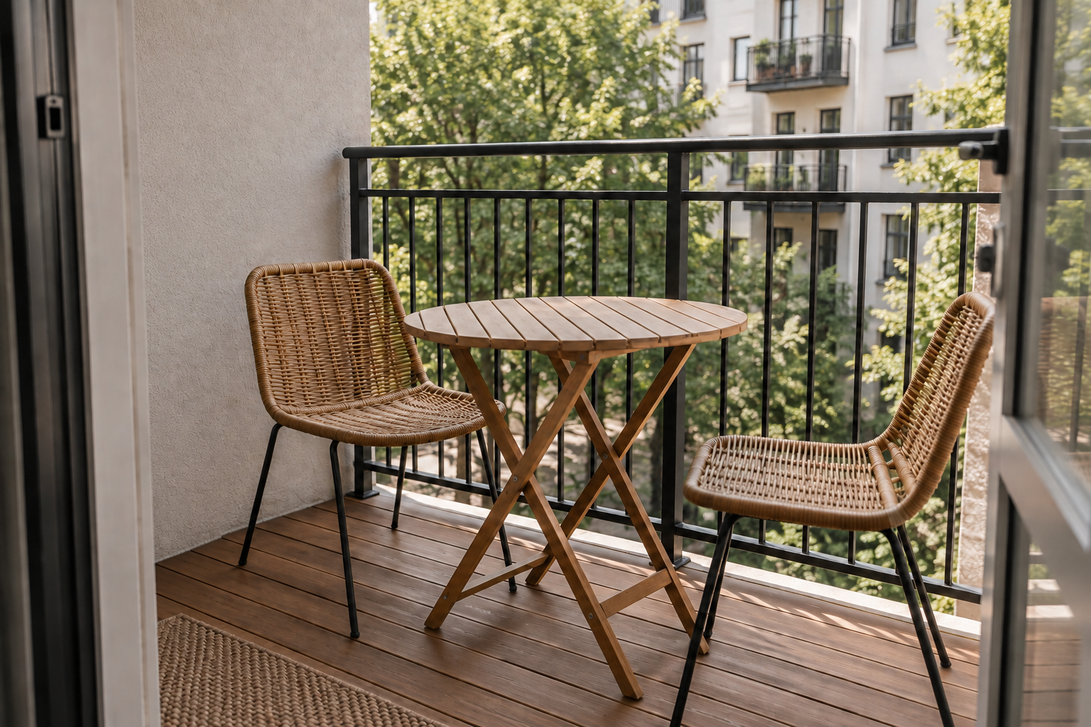 A lightweight folding bistro table and slim rattan chairs on a small balcony.