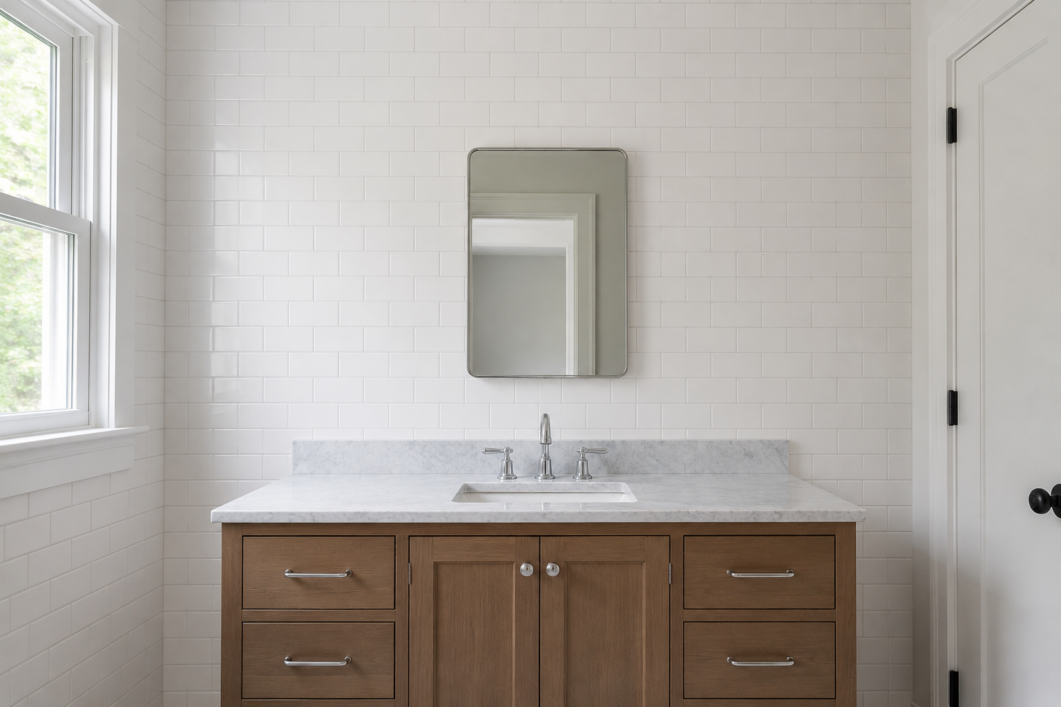 An undersized bathroom mirror floating in the middle of a wide vanity