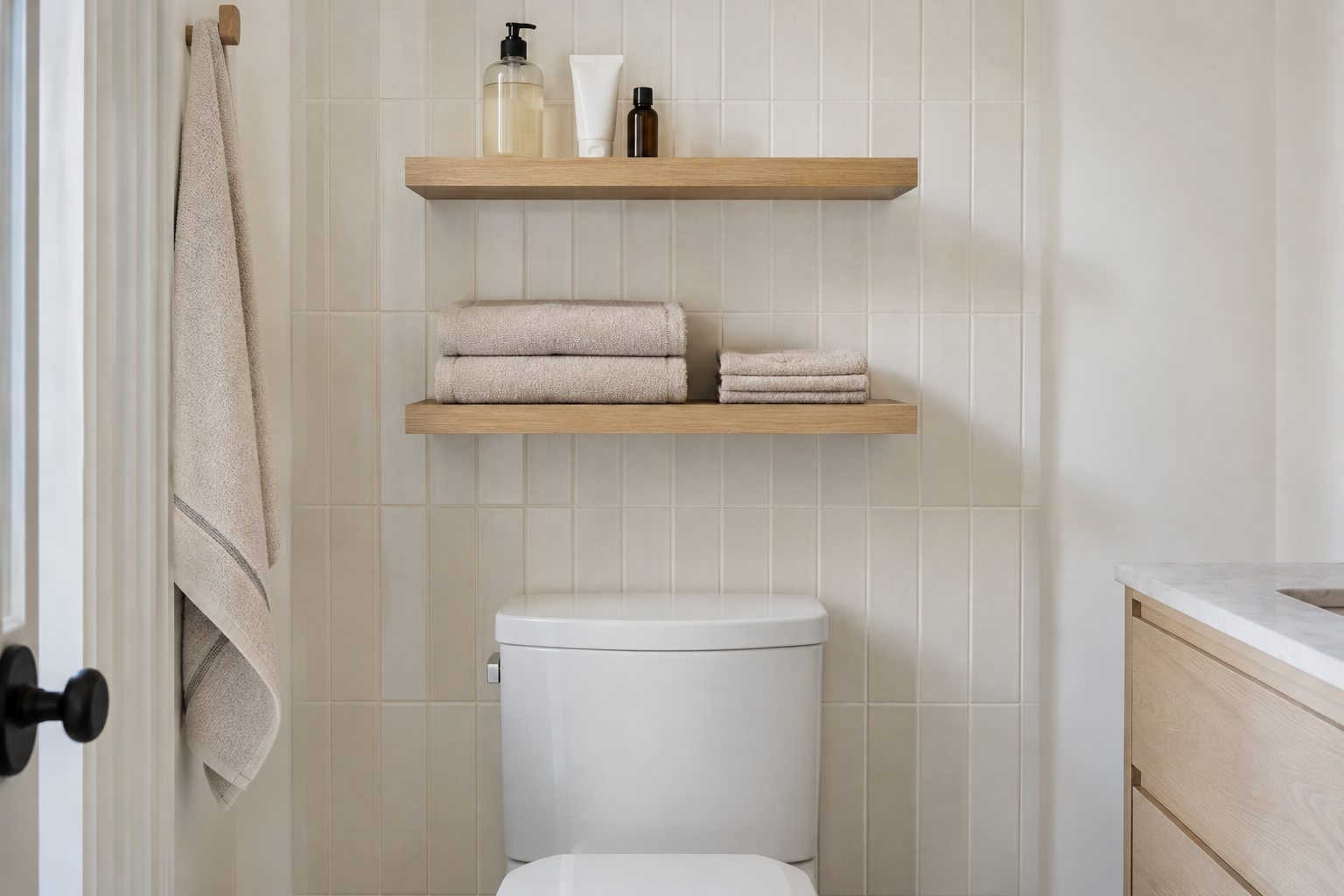 Open oak shelving mounted above a toilet, holding folded towels and everyday toiletries.
