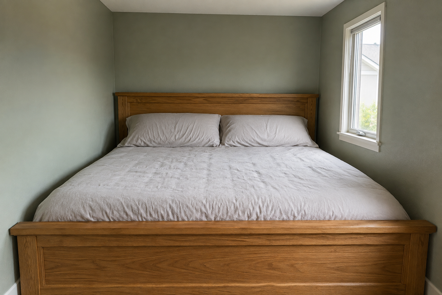 An oversized bed crowding a small bedroom, leaving no real walking space