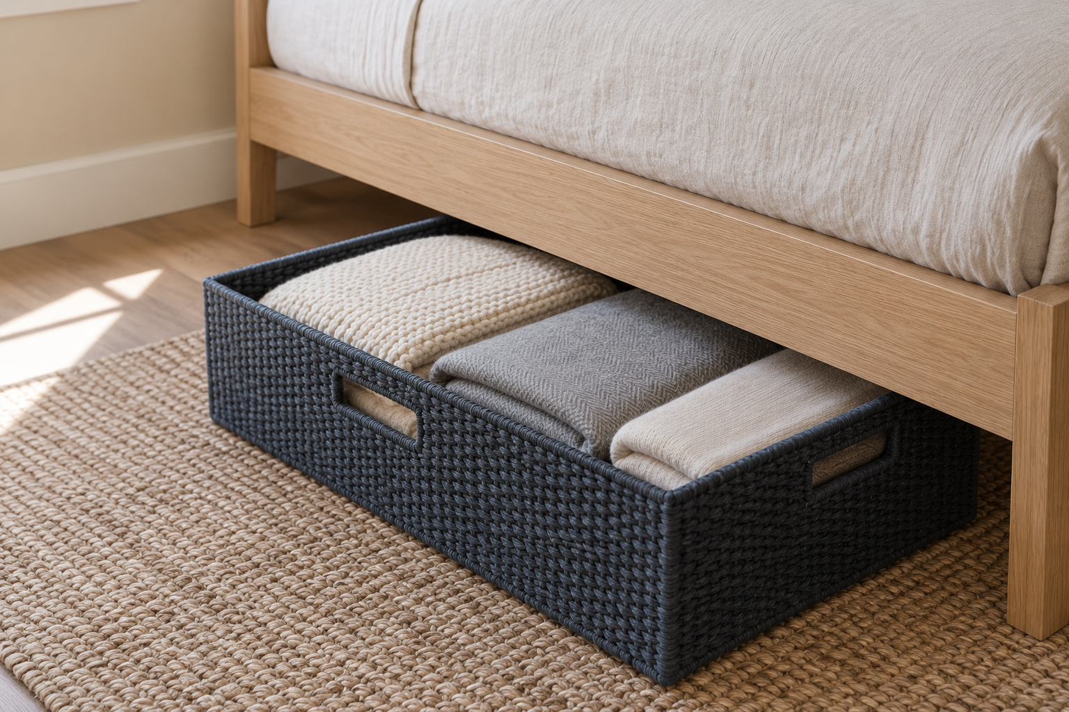 A low rolling storage bin filled with folded textiles, pulled out from under a bed