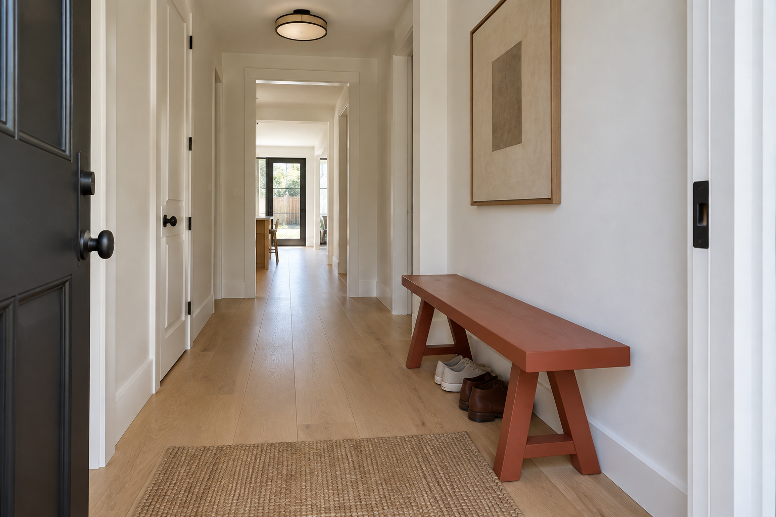 A terracotta-red painted bench with shoes tucked beneath it in a narrow entryway hallway.