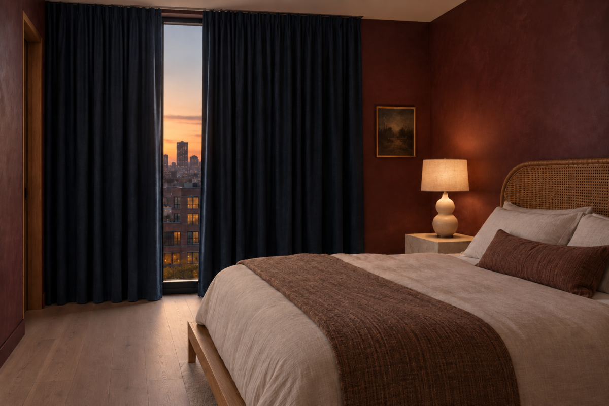 A primary bedroom at dusk with deep ink-navy blackout curtains pulled nearly closed across a full-height window, a low platform bed with a curved cane headboard, and a lit ceramic table lamp on a plinth-form stone nightstand.