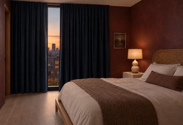 A primary bedroom at dusk with deep ink-navy blackout curtains pulled nearly closed across a full-height window, a low platform bed with a curved cane headboard, and a lit ceramic table lamp on a plinth-form stone nightstand.