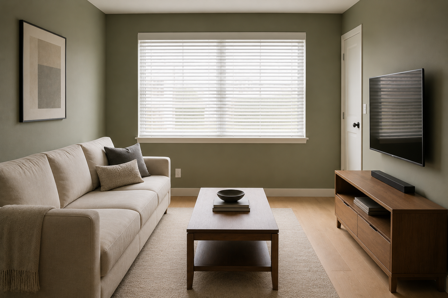 A small living room styled with clean white horizontal slatted blinds and no curtains or drapery, for a minimal, low-maintenance look
