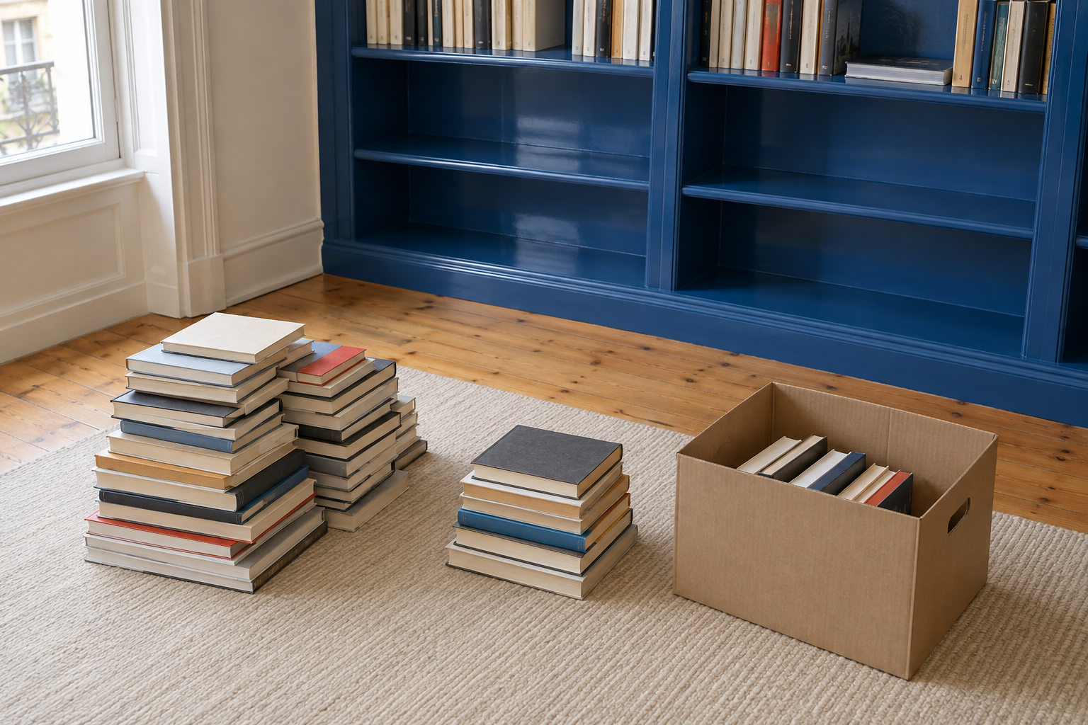 Books sorted into three piles on a rug in front of empty cobalt shelves.