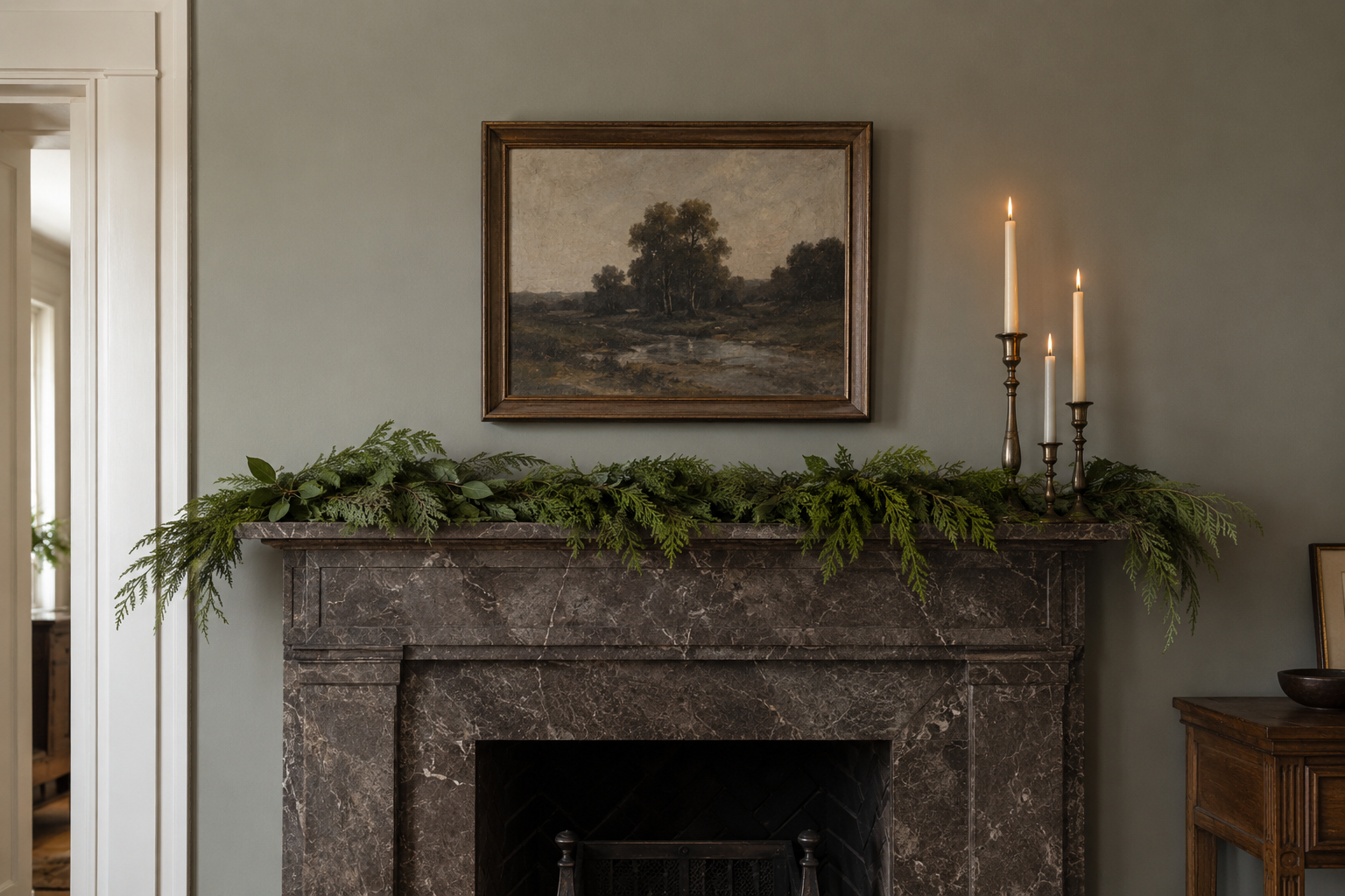 A Christmas mantel styled with garland, candles, and the room's existing art left in place