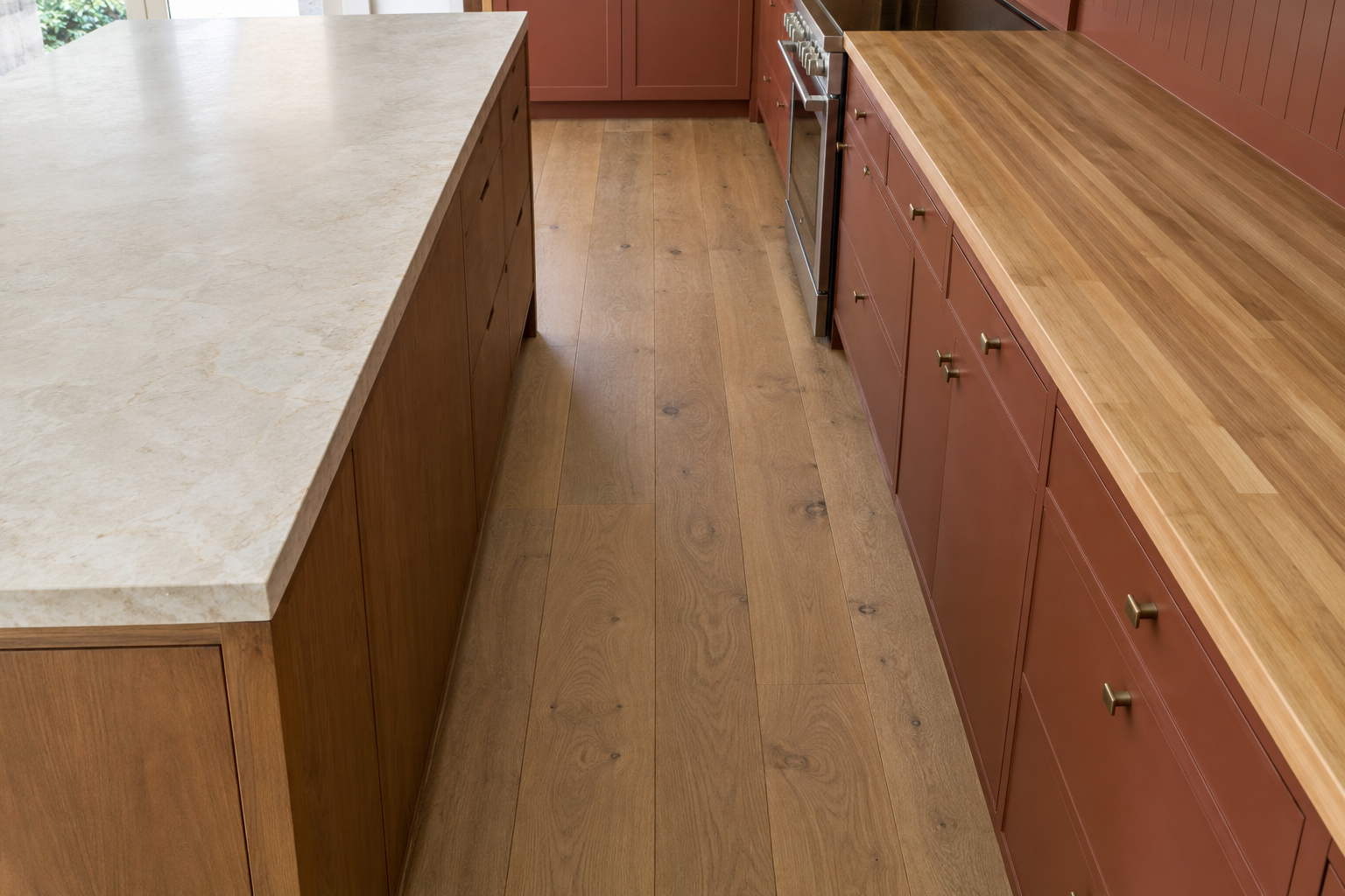 An elevated view showing the real clearance gap between a kitchen island and the perimeter counter.