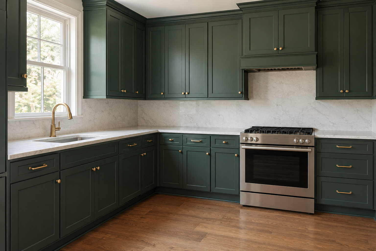 Deep forest-green closed kitchen cabinetry with brass hardware across two wall planes.