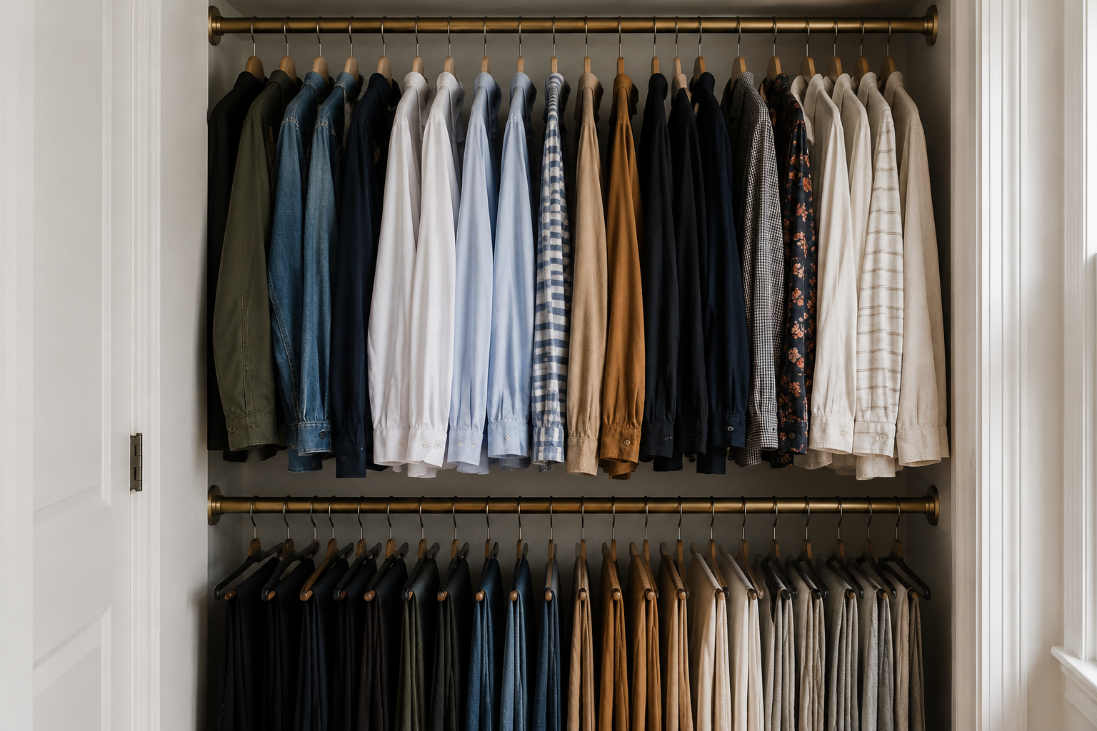 A closet with a doubled hanging rod, shirts on top and shorter items below