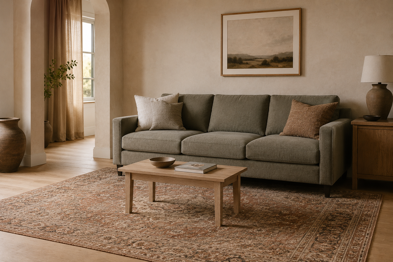An undersized coffee table that reads too small for the sofa behind it