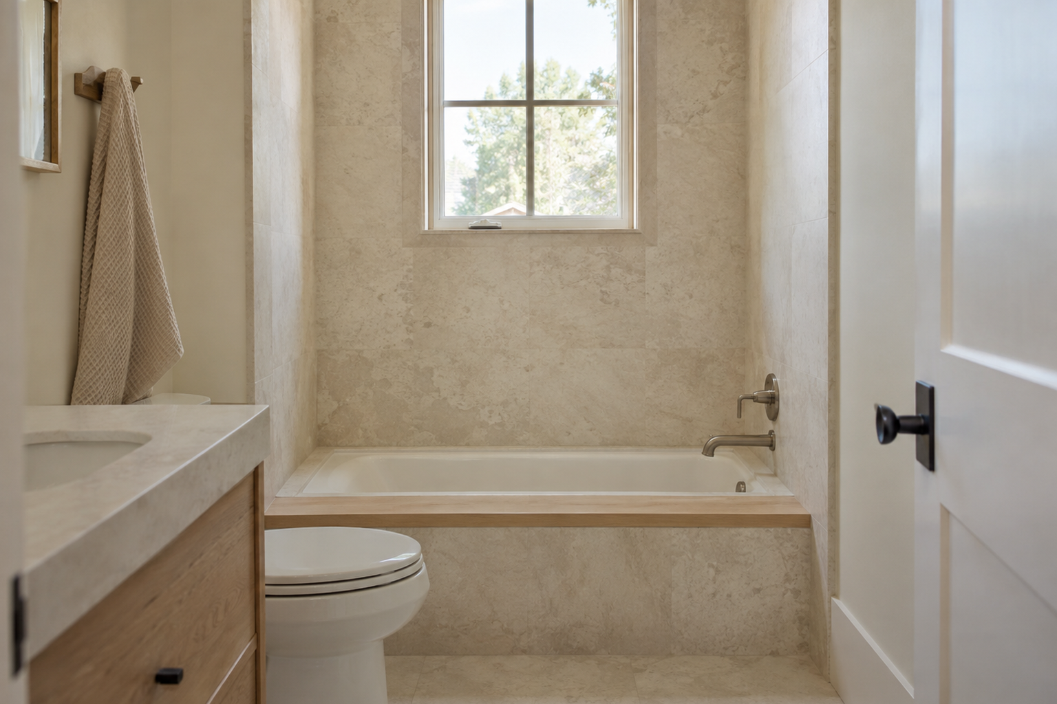 A compact alcove tub in pale limestone, showing the real footprint a tub requires in a small bathroom.