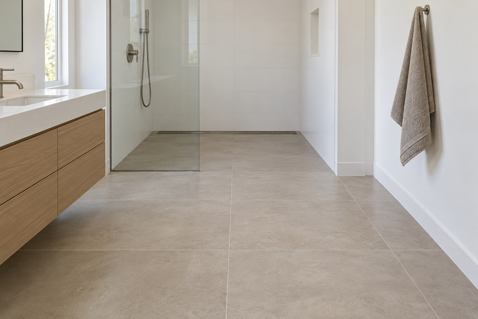 Large gray porcelain floor tiles running without a curb from the bathroom into a shower with a linear drain.