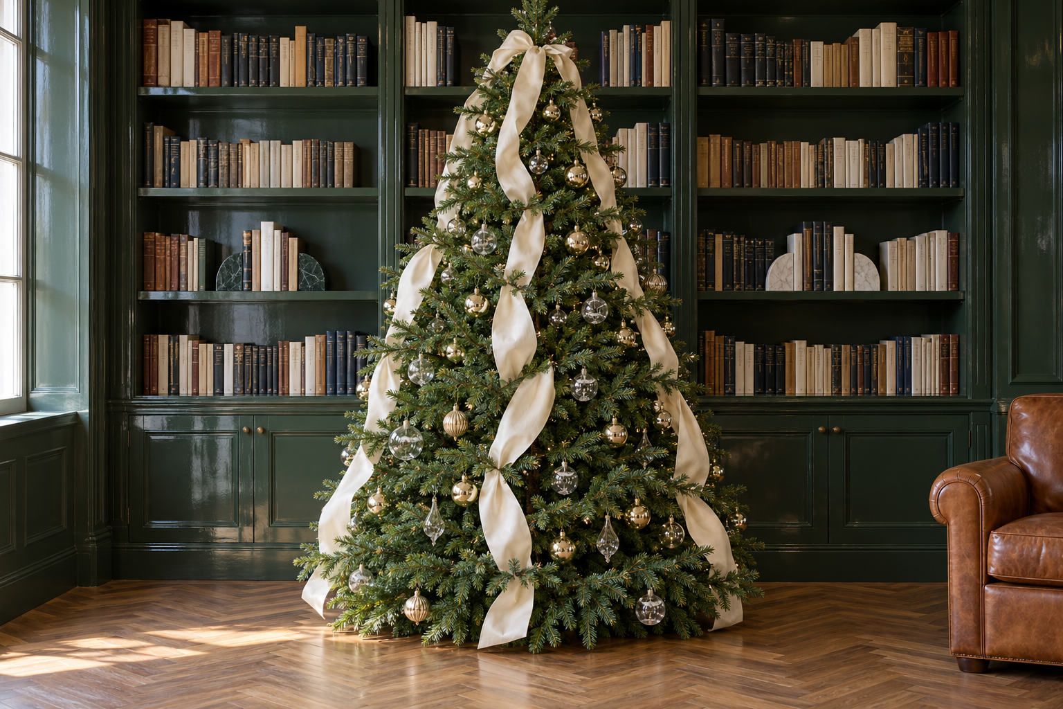 A Christmas tree with wide cream ribbon falling in vertical lengths from the top, in front of green lacquered bookshelves.