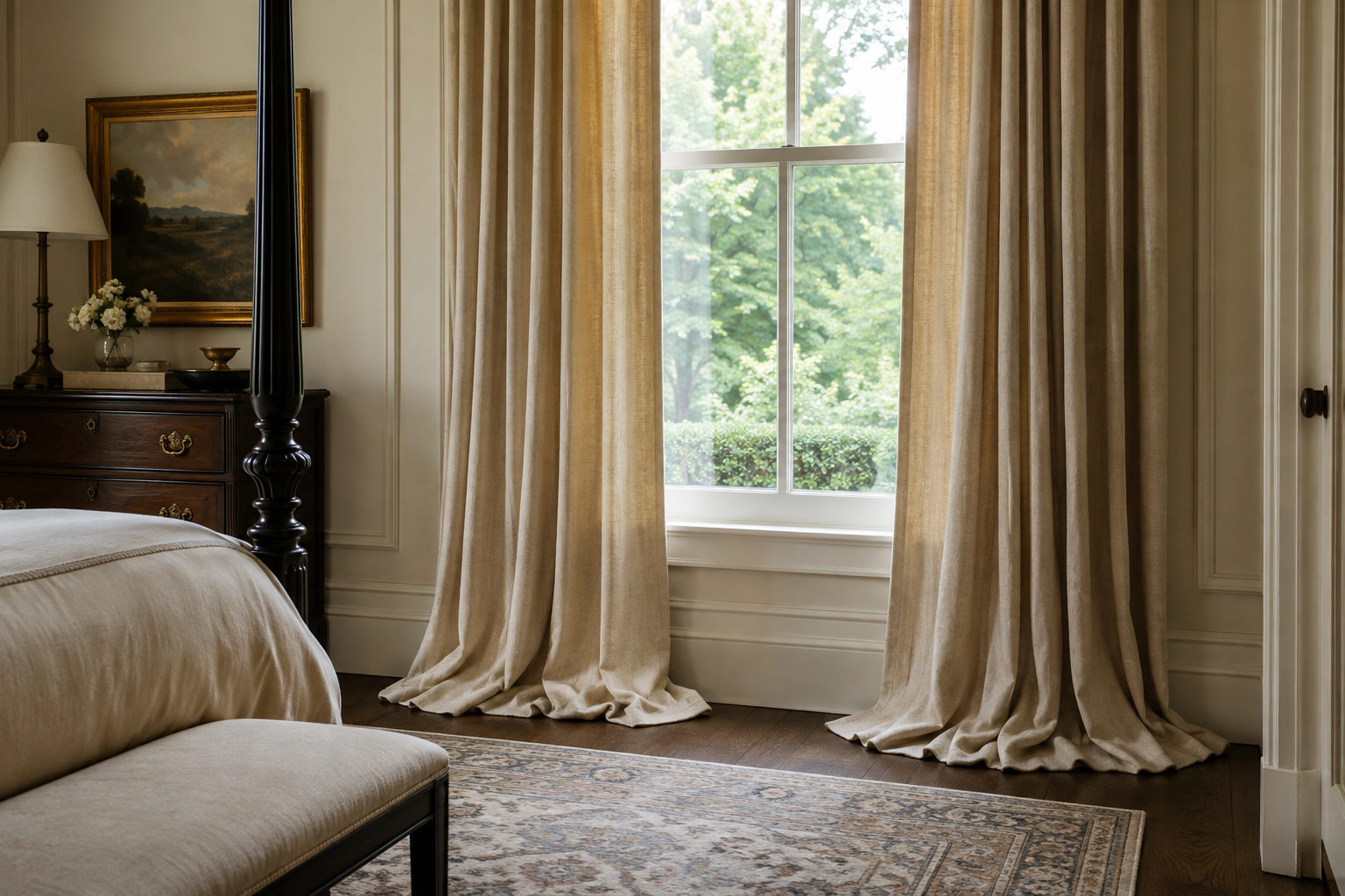 Bedroom curtains puddling on the floor in a formal, high-commitment length