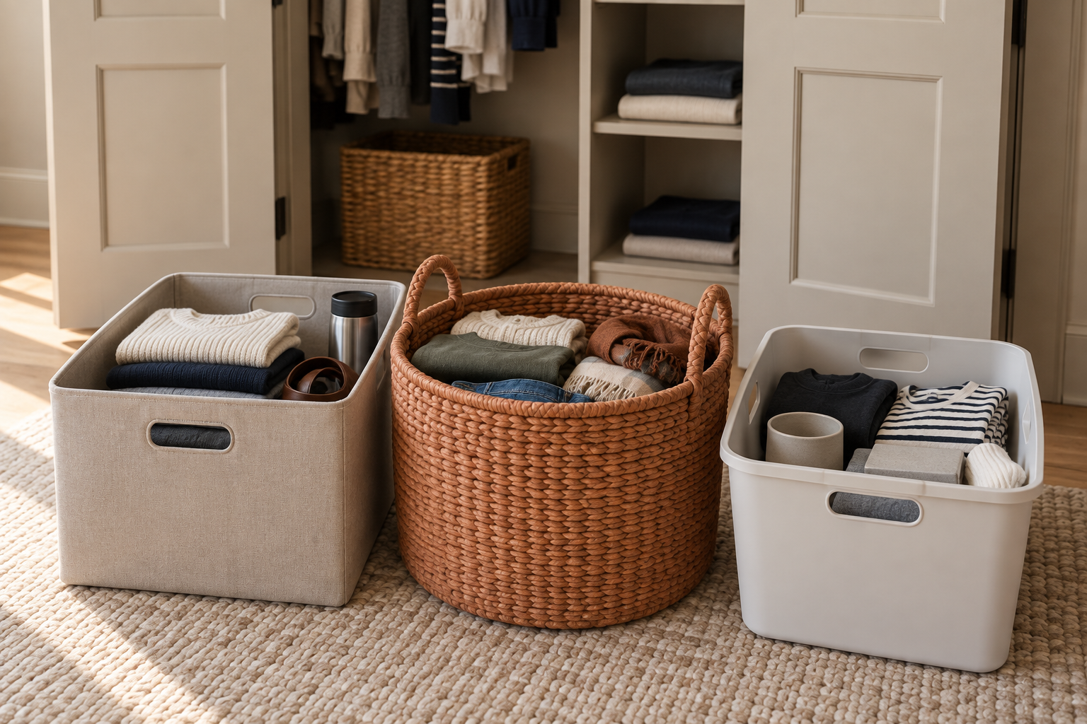 Clothing and household items sorted into separate keep, donate, and toss bins