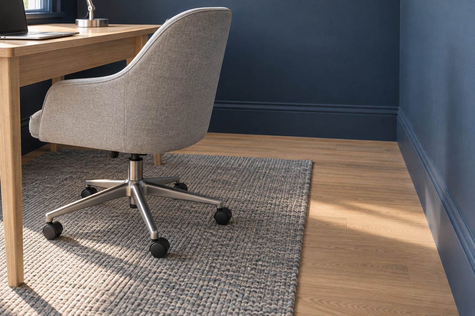 Close detail of the clear floor space behind a home office chair pulled back from the desk.