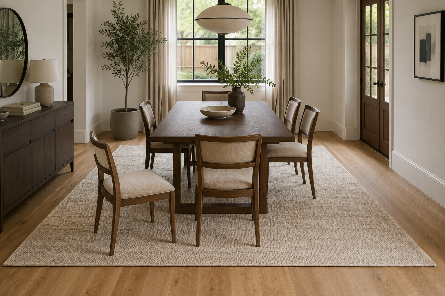 A dining table on a rug sized so a pulled-out chair stays fully on the rug