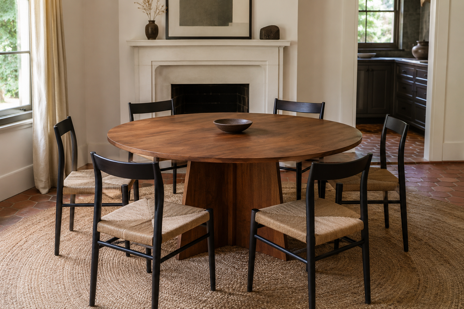 A round dining table with chairs evenly spaced around its diameter