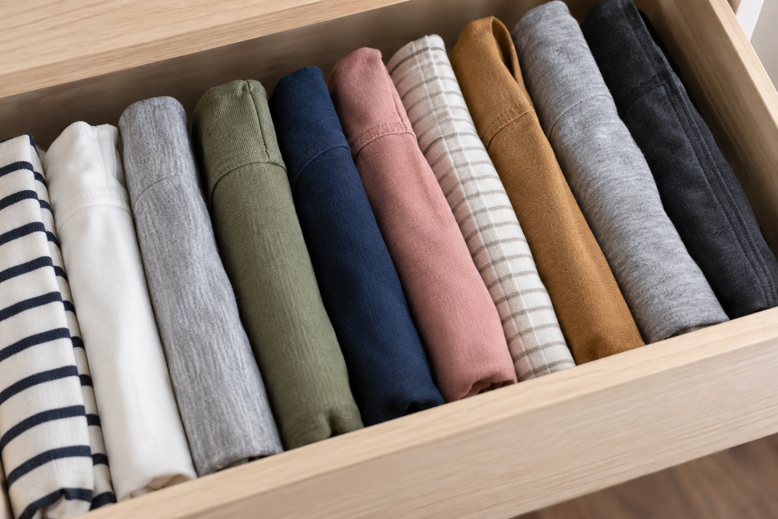 A close view of shirts file-folded upright in a dresser drawer.