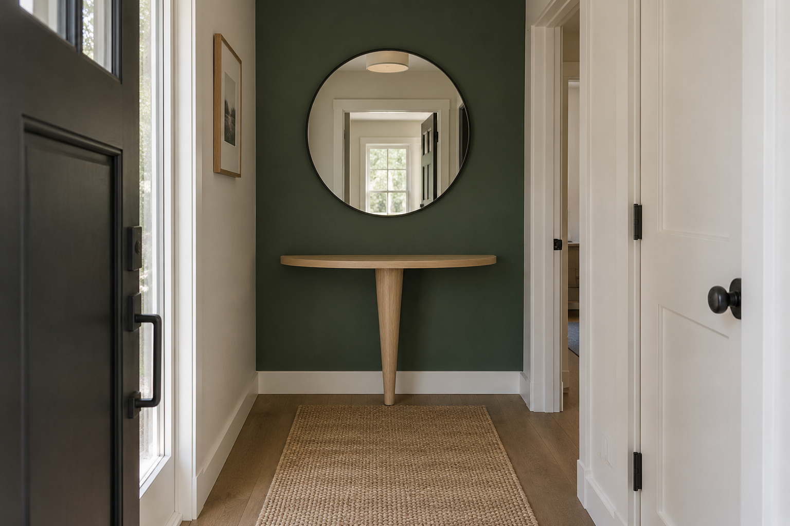 A forest green accent wall directly opposite a front door in a narrow entry hallway, with a console table and round mirror.