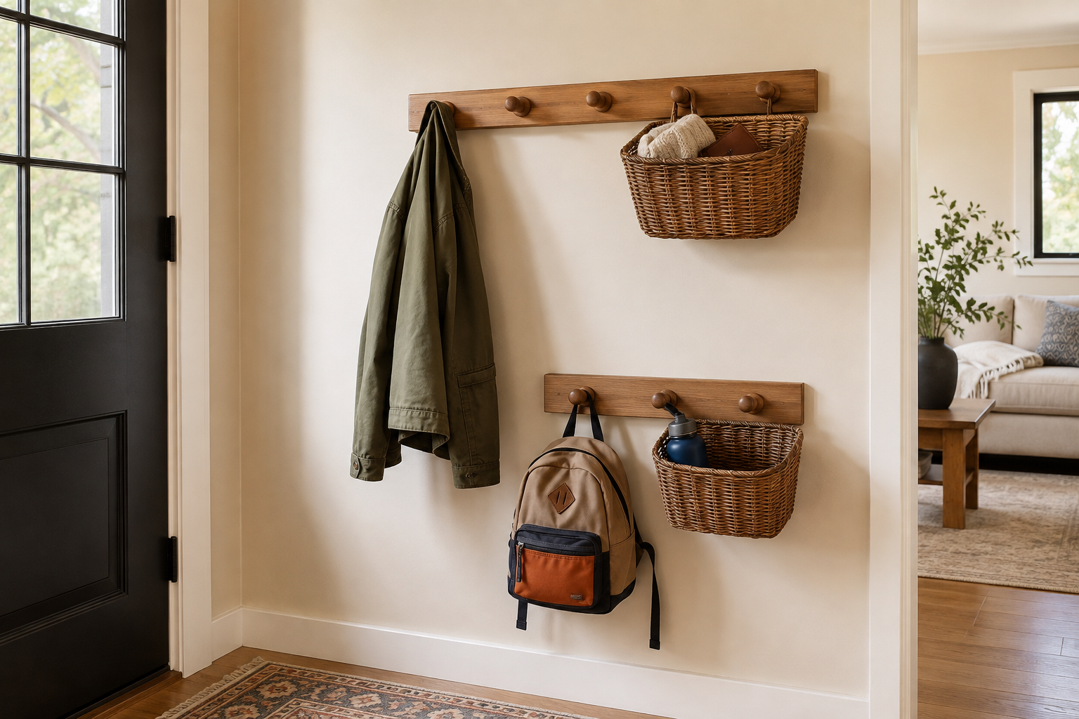 Two separate entryway landing spots at different heights for two household members