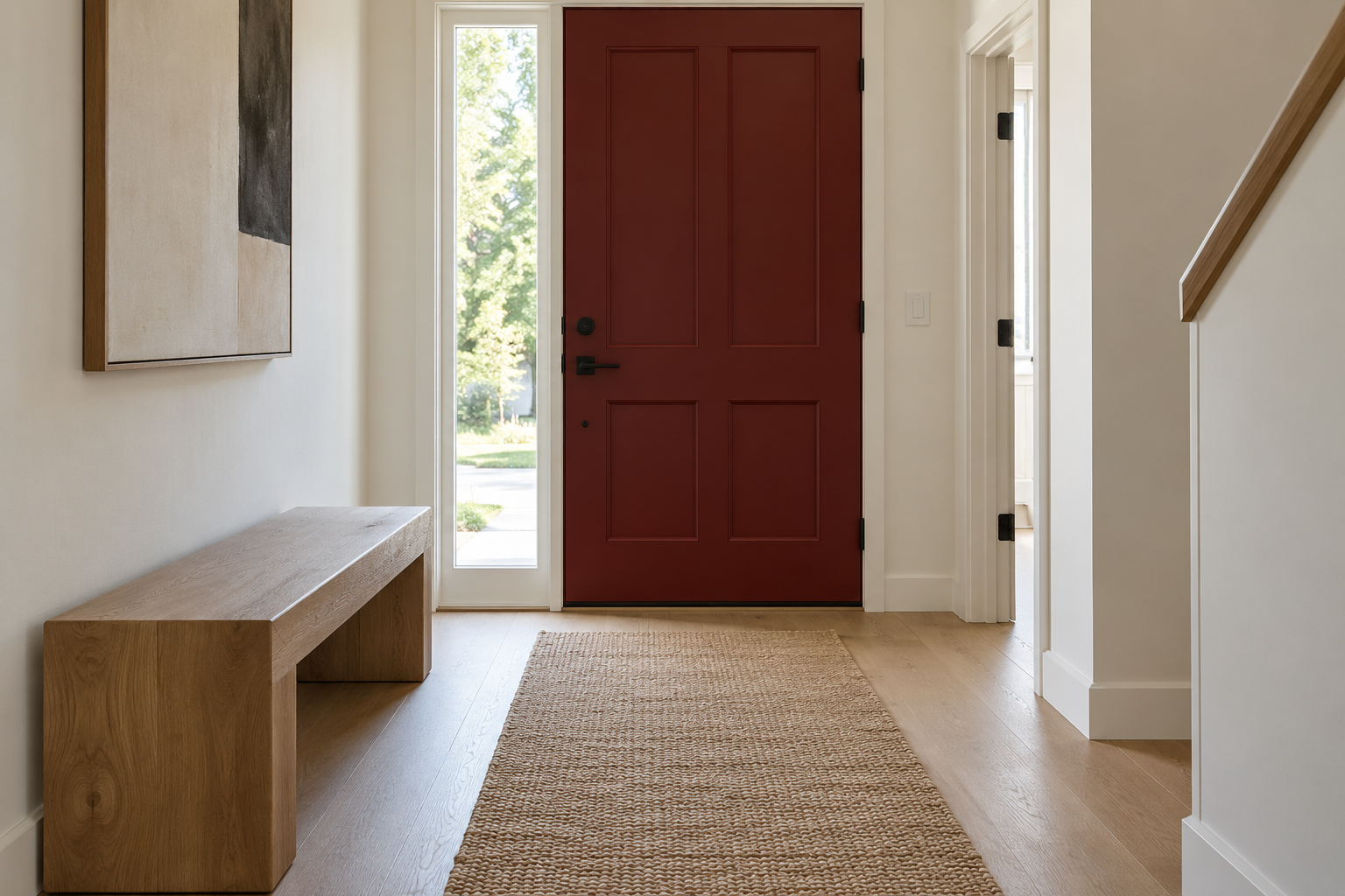 A front entry with a door painted deep oxblood red and a woven jute runner leading to it.
