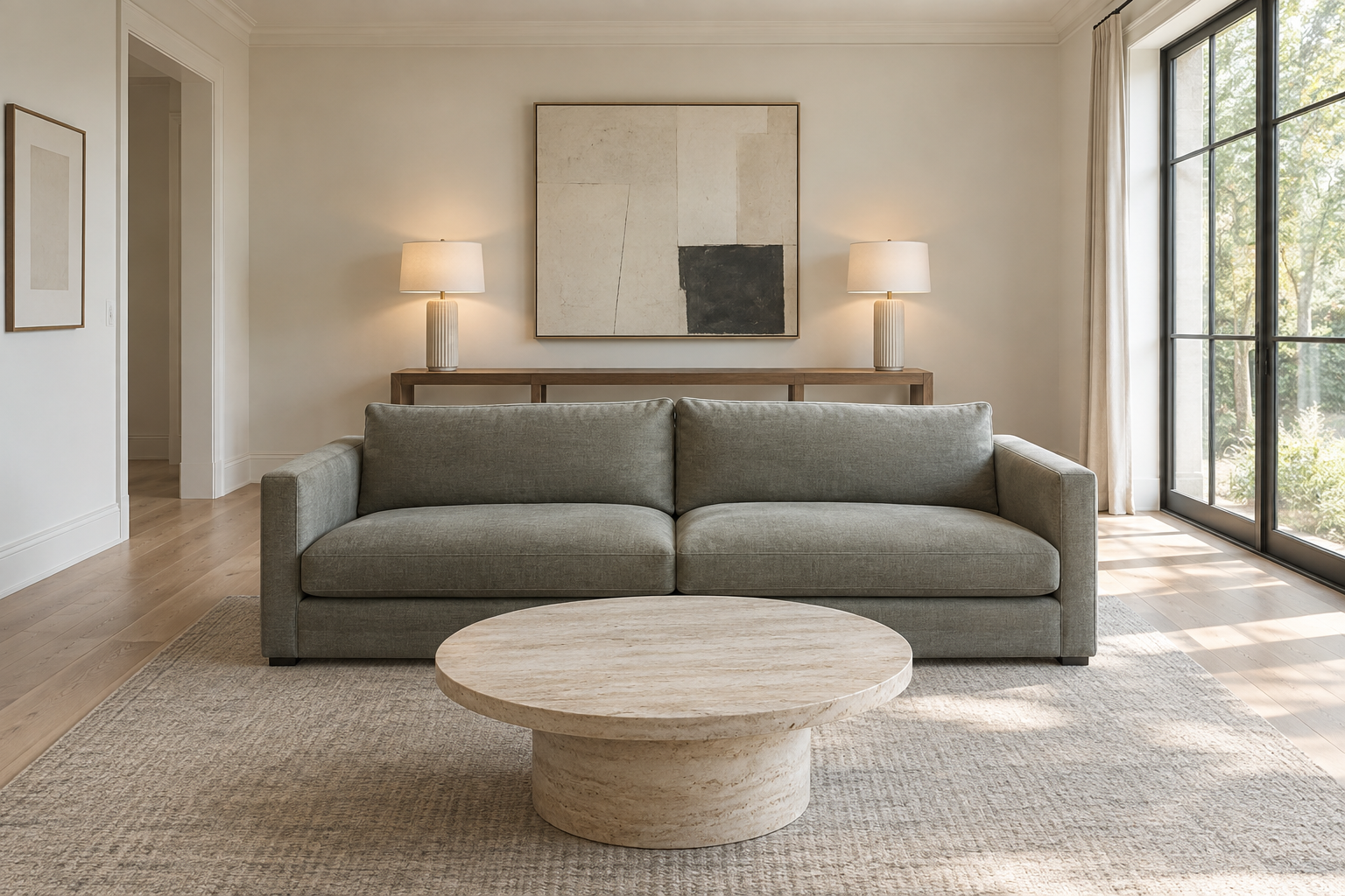 A sofa floated away from the back wall in a living room, with visible floor space behind it.