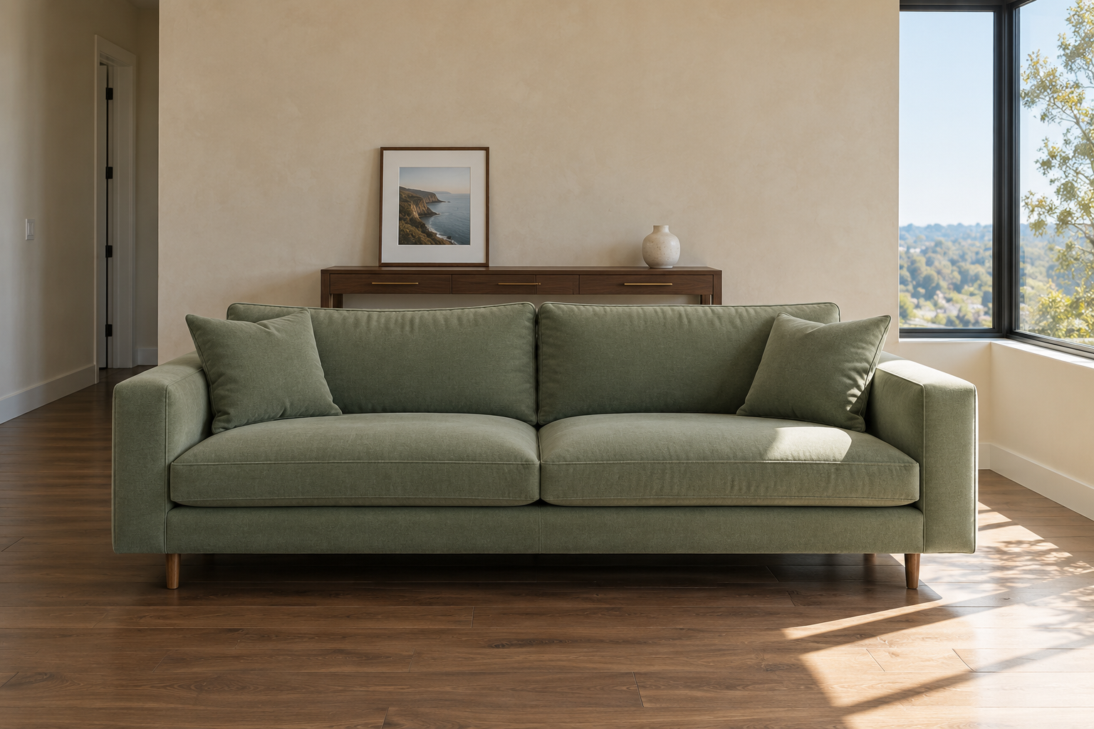 A sofa floated off the back wall in a small living room, opening a clear walkway behind it.