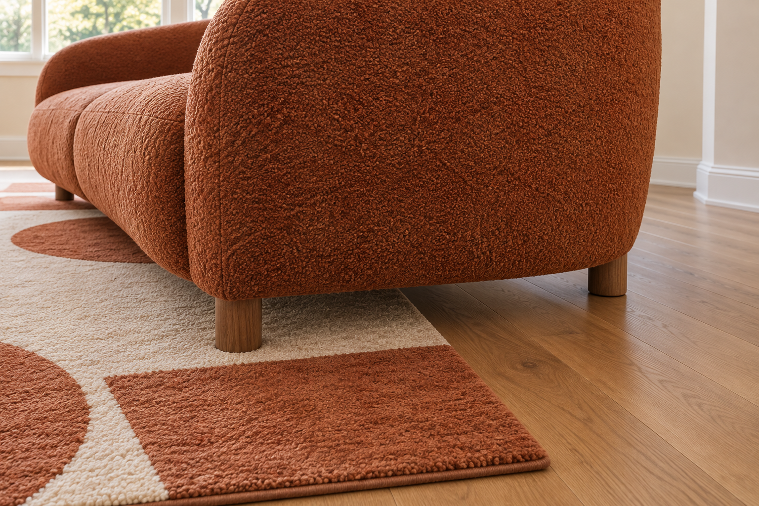 A rust-toned curved sofa with its front legs resting on a terracotta rug and its back legs on bare oak flooring, showing a visible gap between the rug's edge and the back legs.