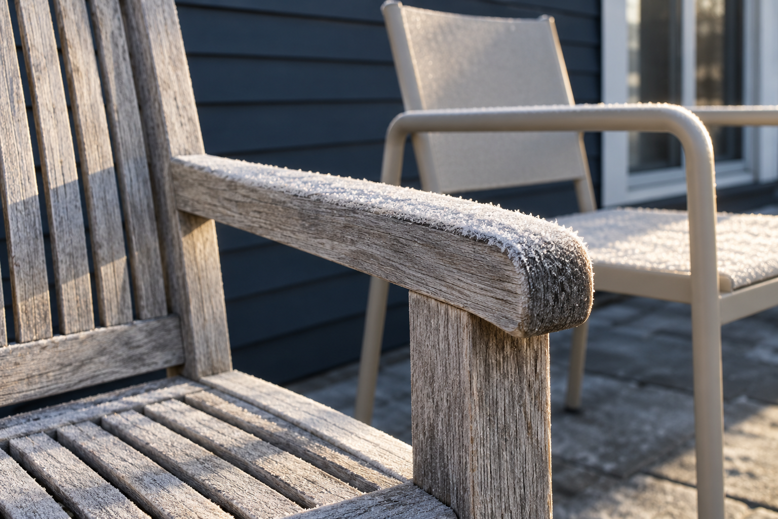 Frost on the silvered grain of a teak chair arm, with a sand aluminum chair behind it.