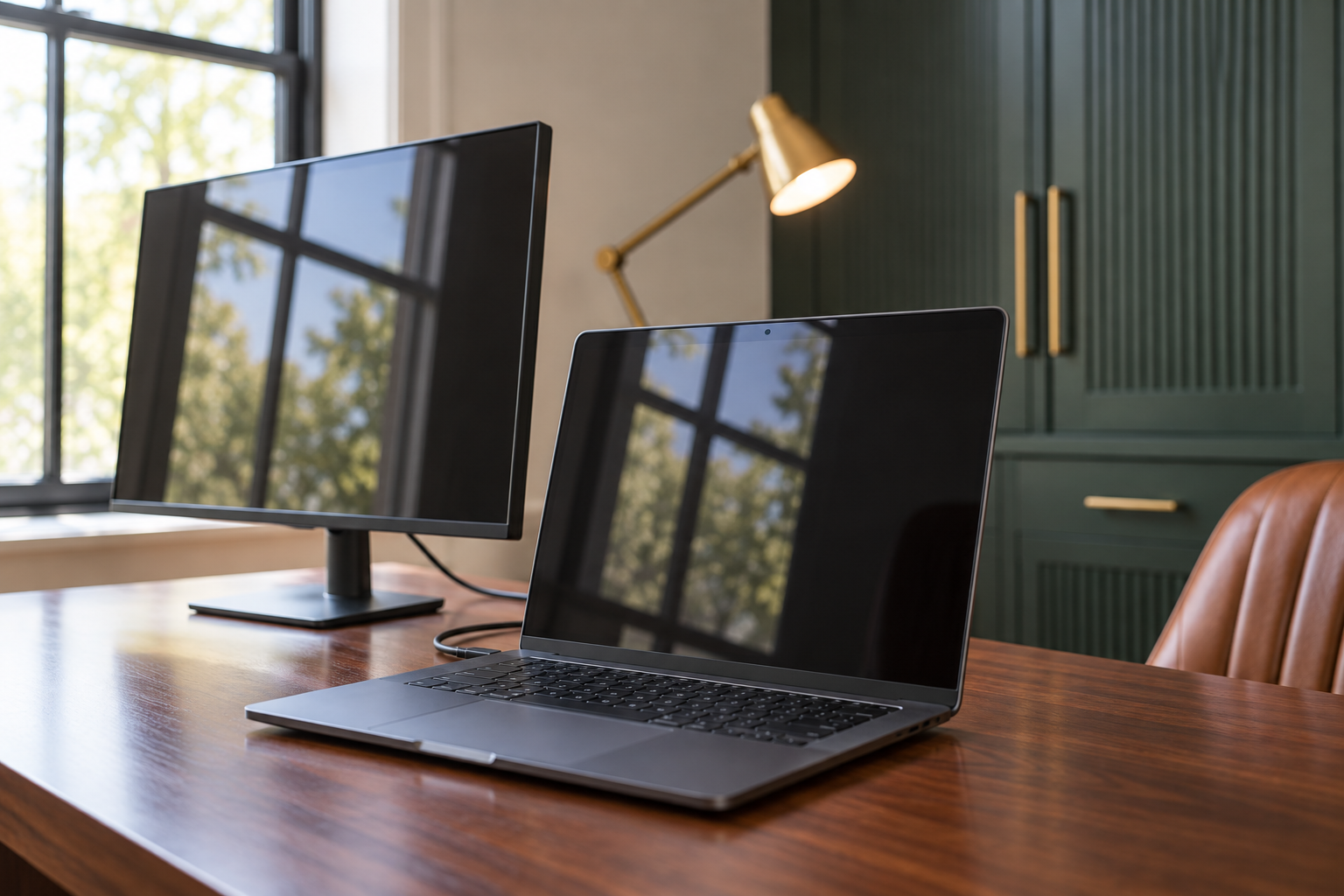 A monitor screen showing a bright window reflected directly across it, caused by a desk facing straight into the window.