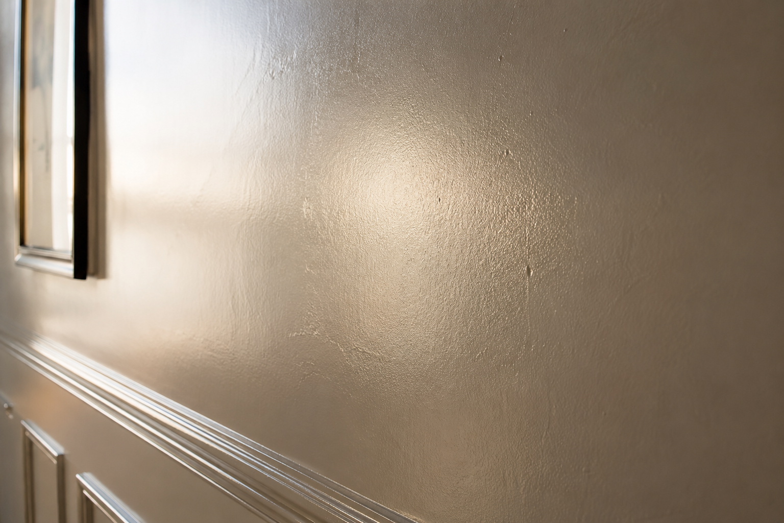 Glossy painted wall under raking light revealing surface texture and imperfections