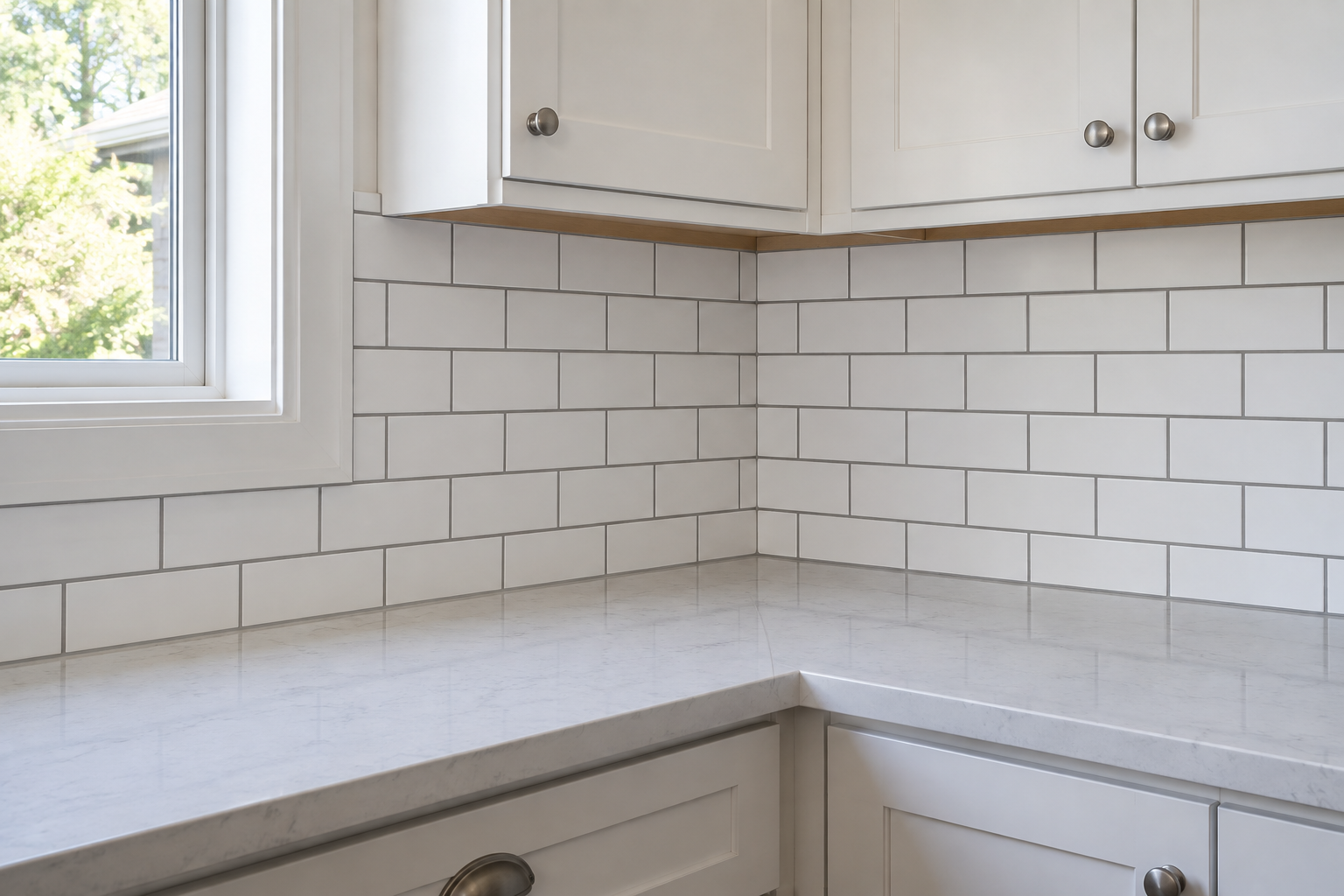 White subway tile with medium gray grout wrapping a kitchen corner.