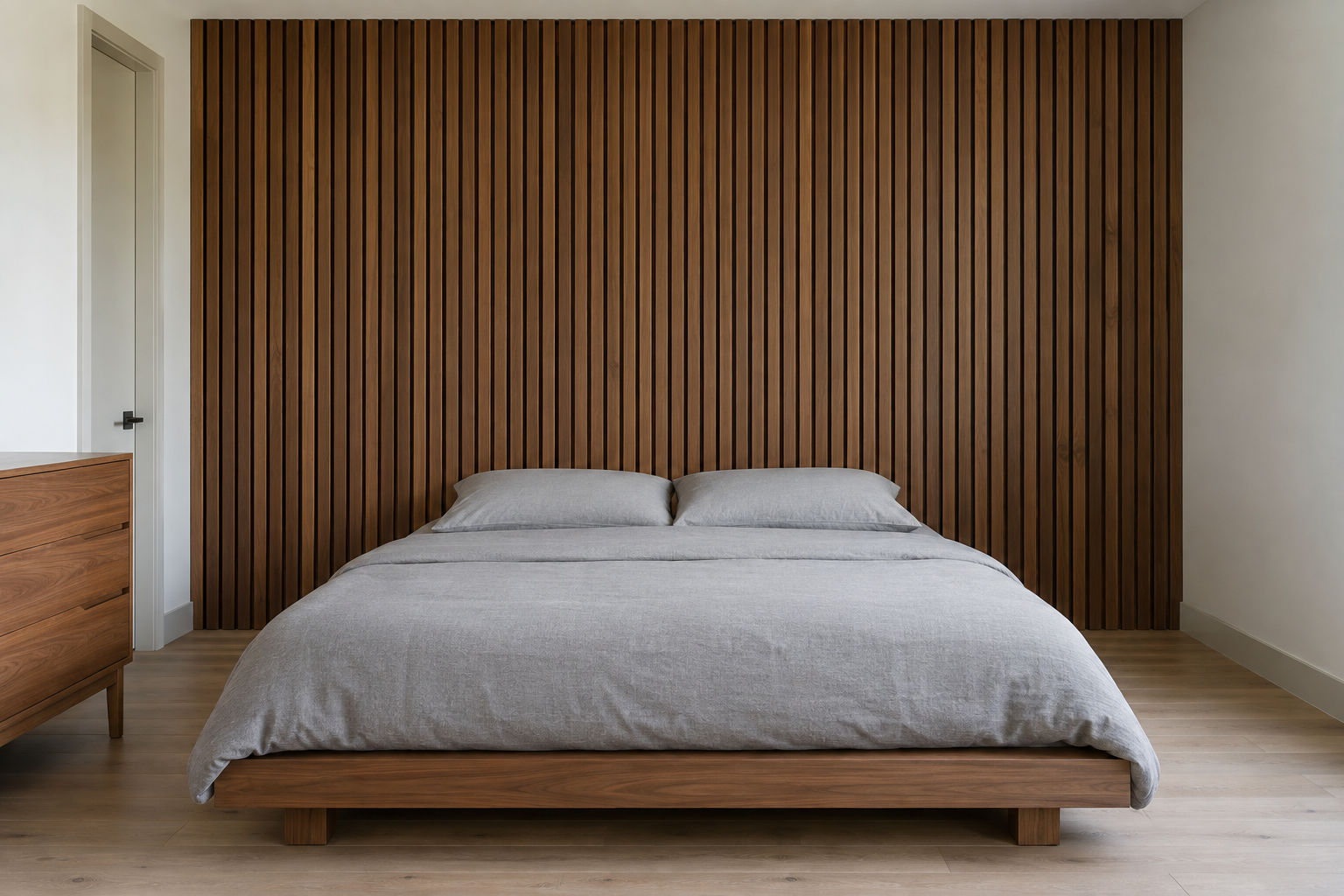 A bedroom headboard wall covered in evenly spaced vertical walnut wood battens, floor to ceiling, behind a low platform bed with plain gray bedding.