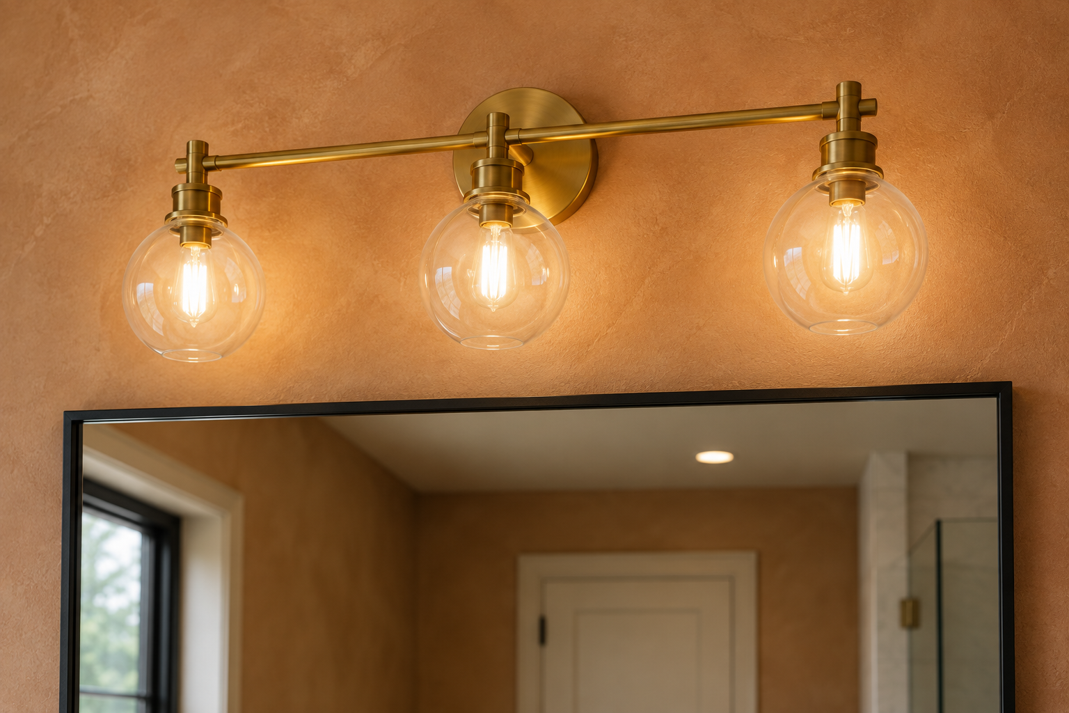 A close view of the gap between the top of a bathroom mirror and a brass bar light fixture mounted above it, showing the distance between the two.