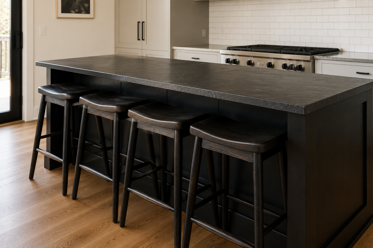 A kitchen island crowded with stools pushed too close together, with no elbow room