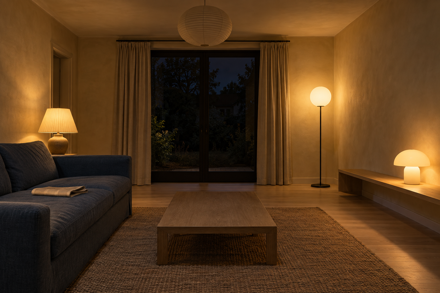 A living room at night lit by three lamps at seated height, with the ceiling pendant switched off.