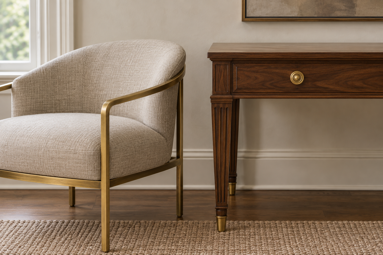 A carved walnut console and a brass-framed contemporary chair share the same brass finish, bridging two furniture eras.