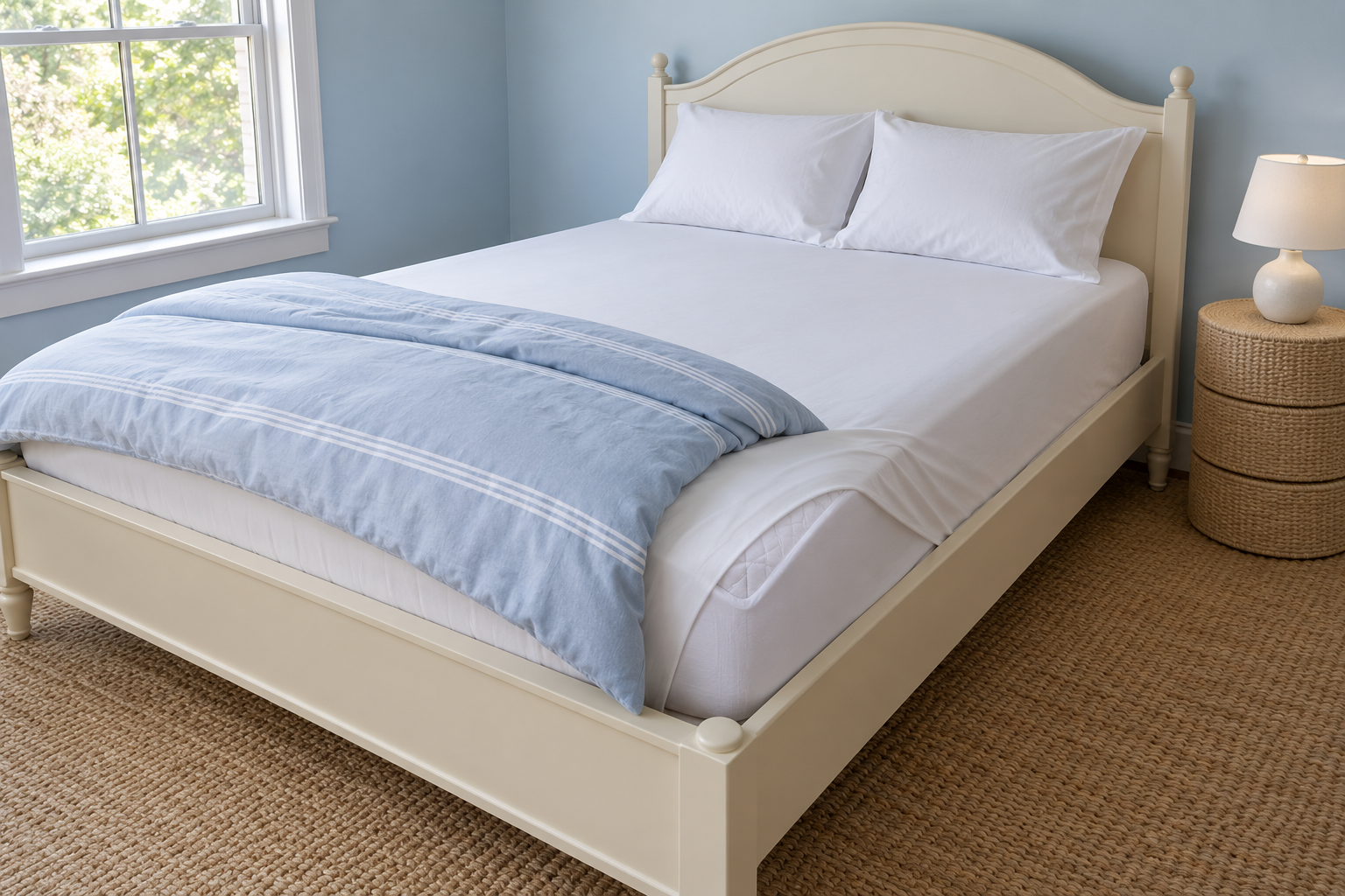 A guest bed with the duvet folded back to show the mattress, protector, and fitted sheet in a room with pale blue walls.