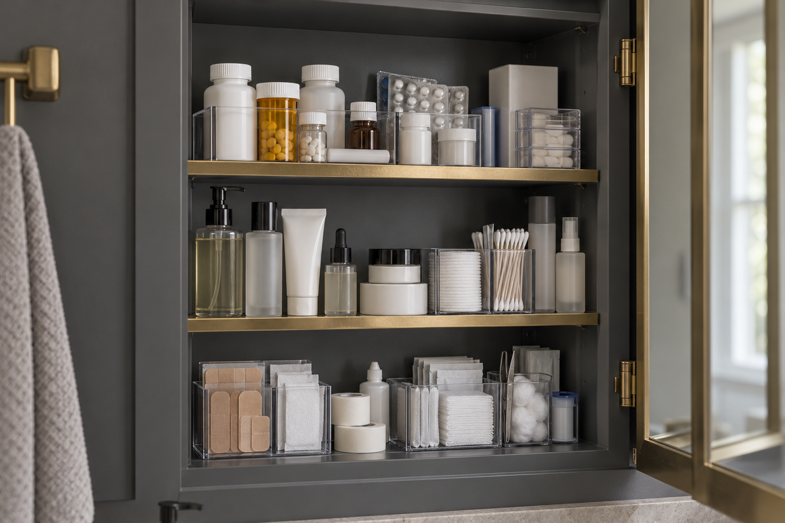 An open medicine cabinet with brass shelf edging, contents genuinely sorted by category rather than staged empty.