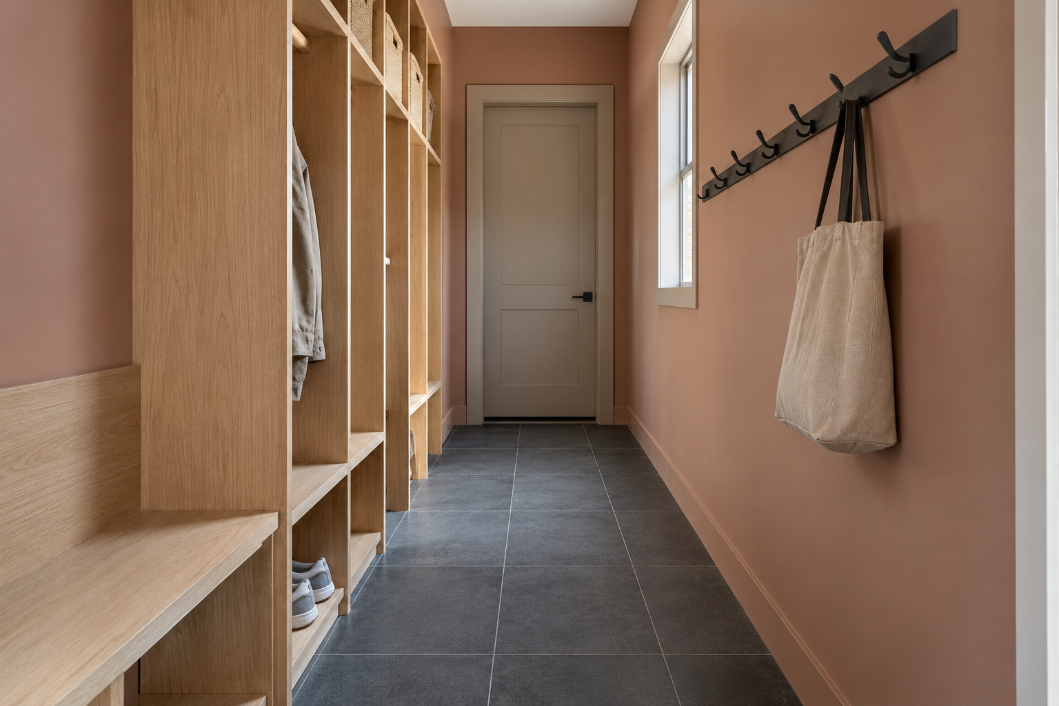 A narrow mudroom passage with shallow oak cubbies on one side and a clear walkway down the middle.