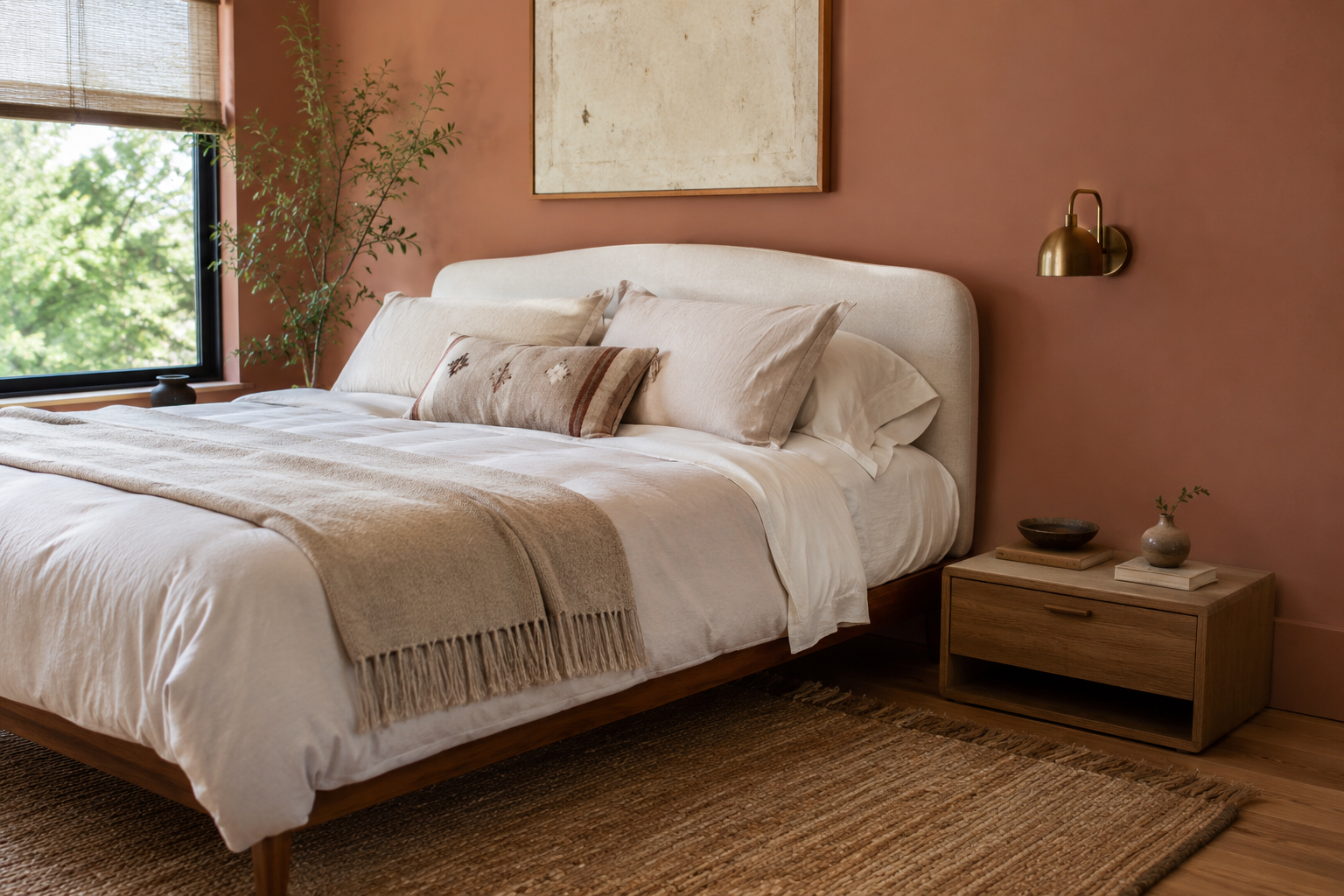 A nightstand sitting noticeably lower than the mattress top beside it