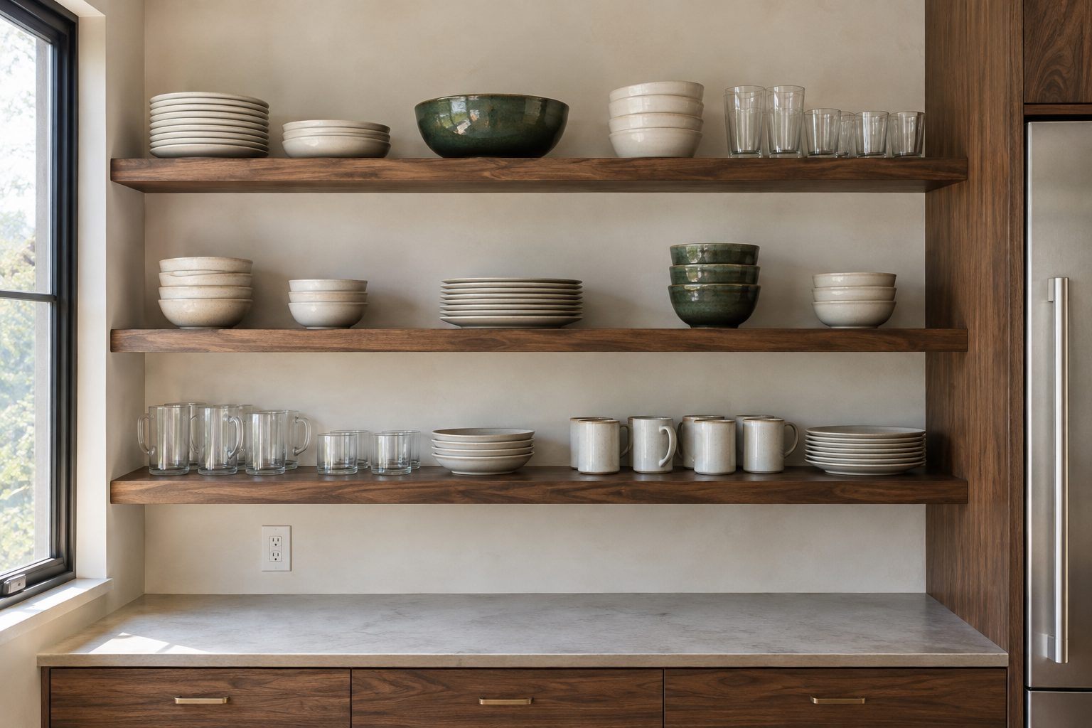 Black walnut open shelving on one kitchen wall, holding real stoneware plates, bowls, and glassware against a pale plaster wall.
