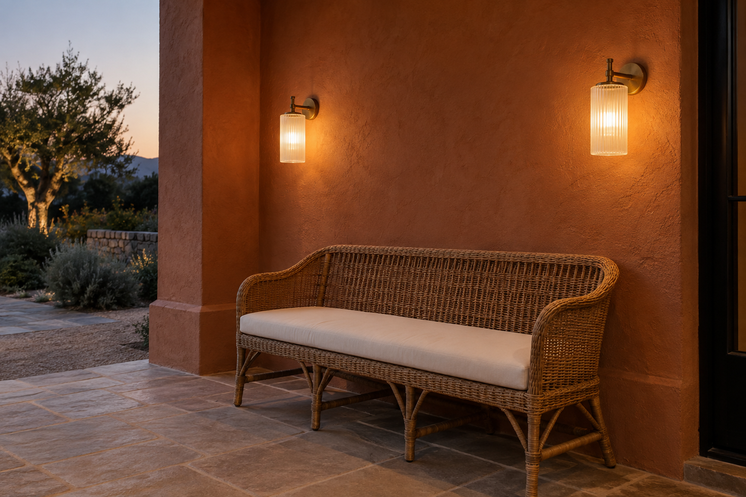 Brass wall sconces with ribbed glass shades flanking a bench on a terracotta-walled patio