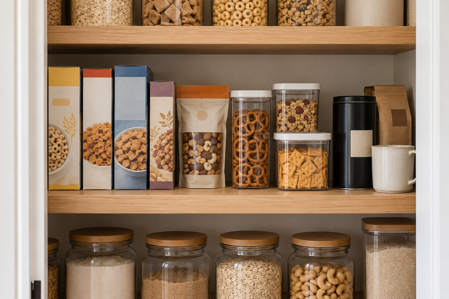 A pantry’s eye-level shelf holding daily-use items like cereal and coffee.