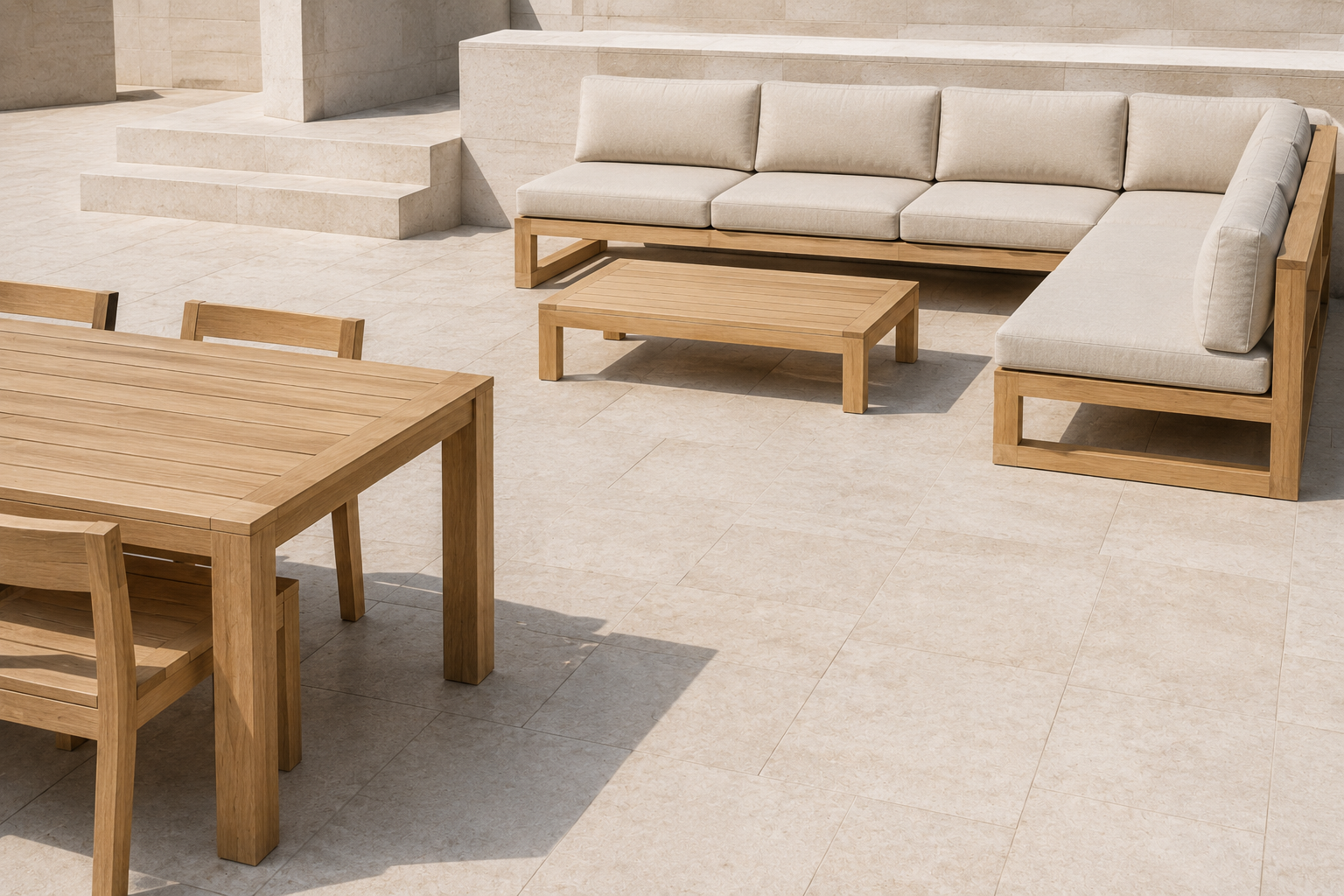 A patio using just two repeated materials, pale stone and white oak, for a restrained palette