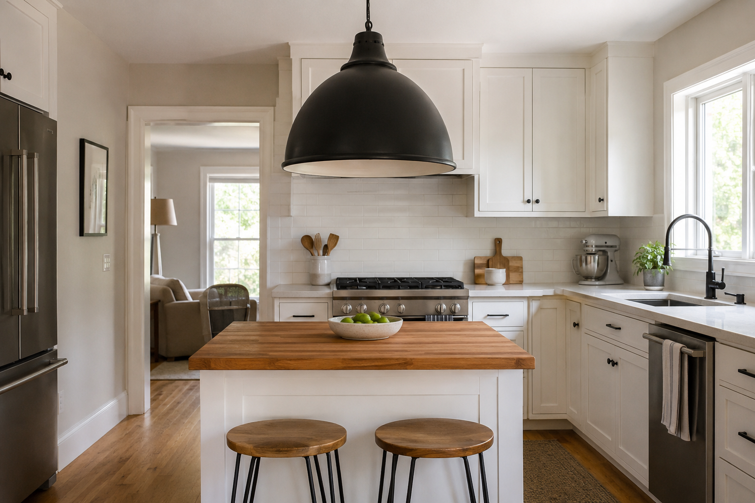 An oversized pendant light, too large for the kitchen island beneath it