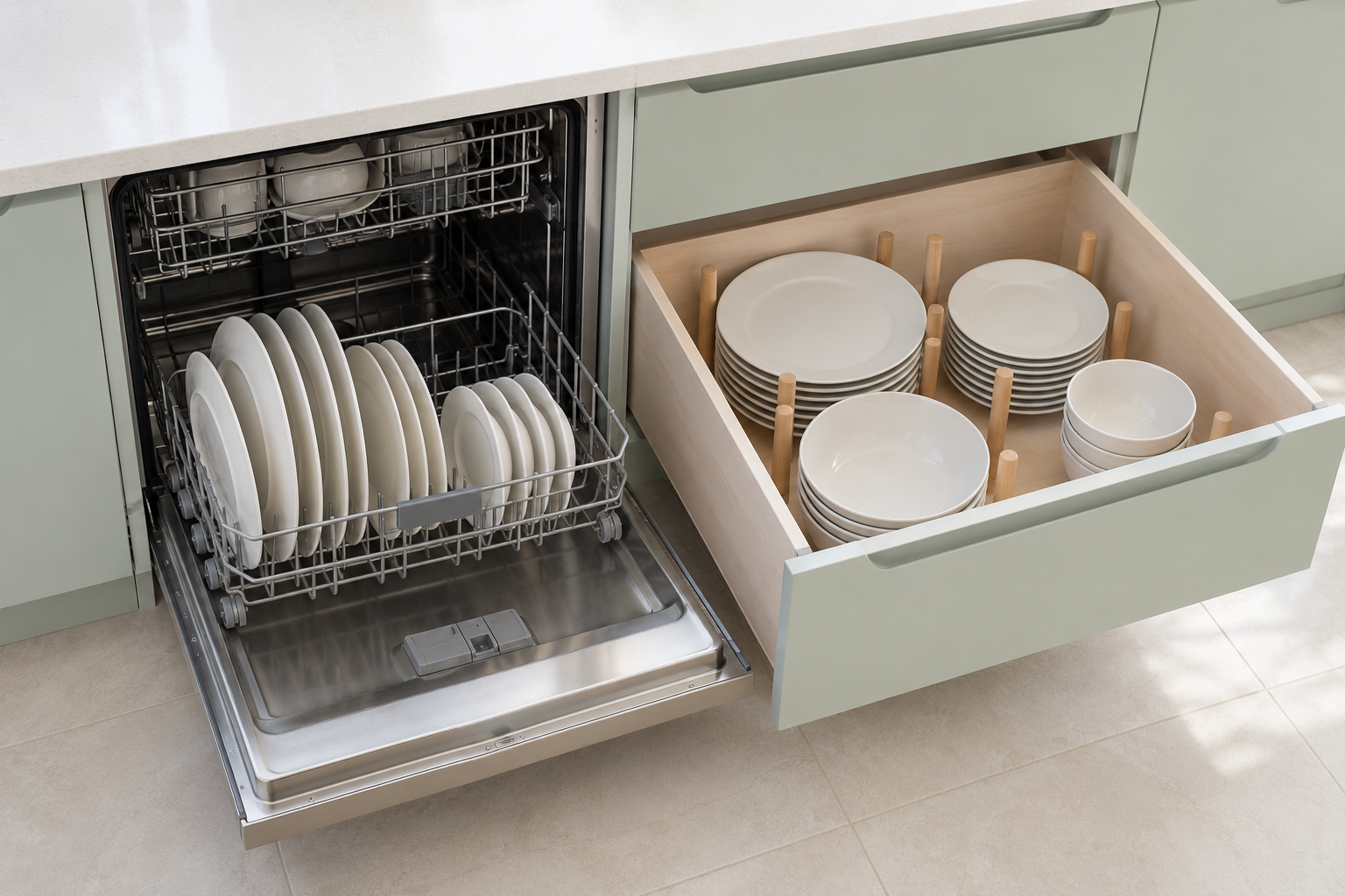 An open drawer of plates held by pegs right beside an open dishwasher.