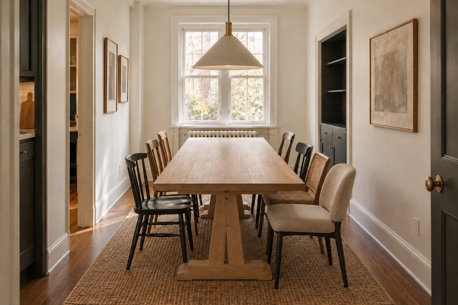 A rectangular white oak trestle-base table in a narrow dining room, chairs on one side sitting close to the wall.